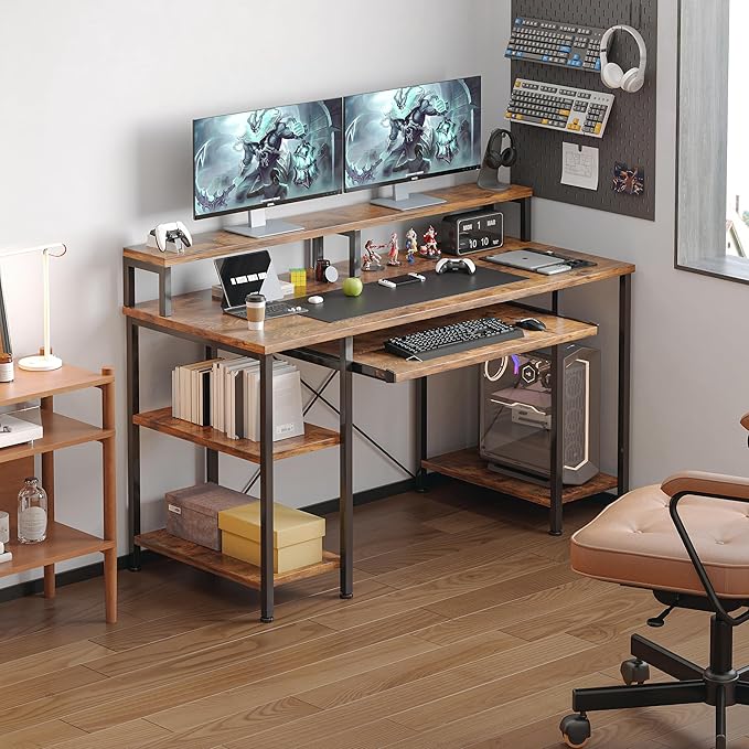 VERMESS 48Inch Computer Desk Home Office Desks with Keyboard Tray Gaming Desk with CPU Stand ShelfIndustrial Study Table Wide Writing Desk with Storage Shelves for 2 Monitors Rustic Brown