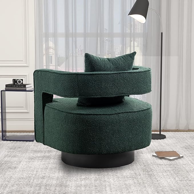 29 W Modern Boucle Swivel Accent Chair Open Back Comfy Sofa Chair with Black Wood Base for Nursery Bedroom Living Room Hotel Office Club Leisure Lounge Chair (Green)