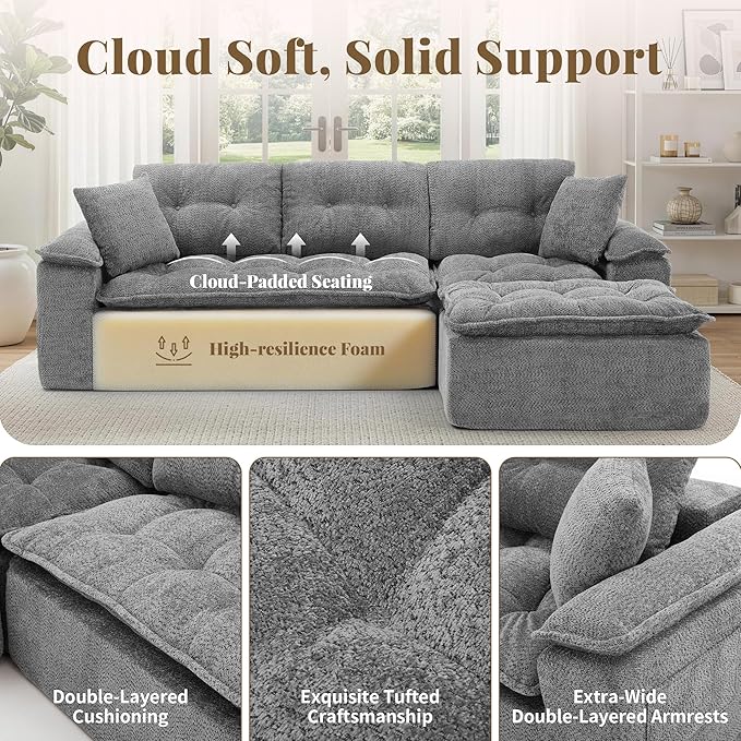 110 Modular Sectional Sofa Cloud Sectional Couch with Ottoman Modern L Shaped Sofa with Deep Seat Upholstered Boneless Couch for Living Room with Layered Cushion No Assembly Grey