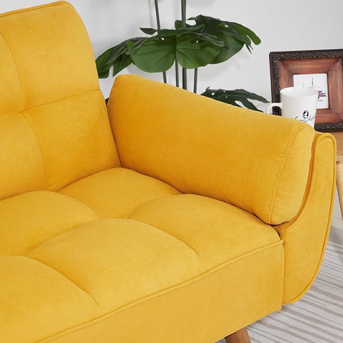 ERYE Modern Convertible Tufted Futon Sofa Bed Split Adjustable Backrest Loveseat Sofabed W/Removable Padded Armrests and Wood Legs for Living Space/Guest Room