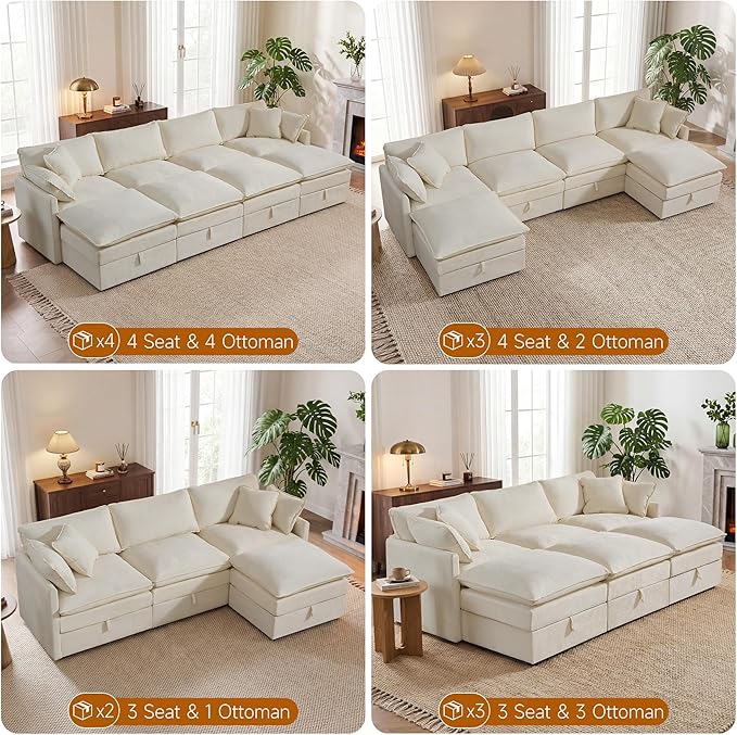 Modular Sofa with Storage 103 U-Shape Sectional Cloud Couch Deep Seat Comfy Fabric Couch for Living Room (Beige Chenille) | Convertible Storage Deep Seat Design Sturdy Wood Frame Effortless Asse