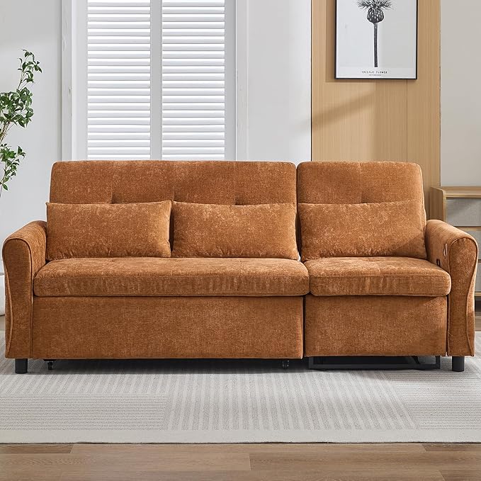 Merax 2-in-1 Convertible Sofa Bed &amp Recliner Sofa 82 3-Seater Sofa Pull-Out Sleeper Sofa 3 Level Adjustable Backrest Reversible Left/Right with USB Charging Ports Easy to Assemble (Orange)
