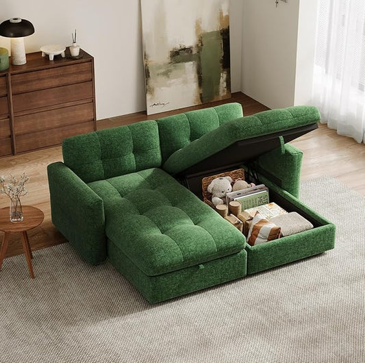 84 Oversized Sectional Chaise with Storage Large Chaise Lounge with Adjustable Armrest Chenille Cloud Couches for Living Room Apartment Home Theater Green