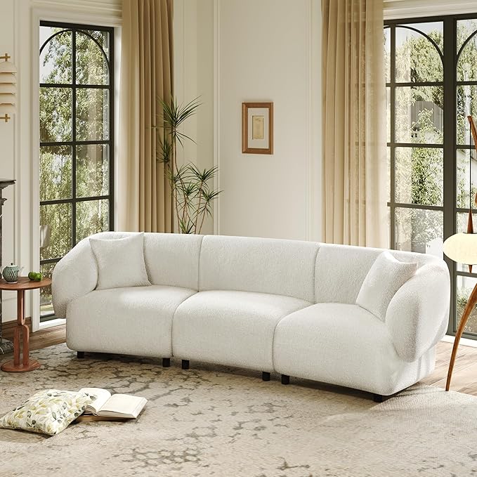 Merax 98.5 Modern 3 Seater Curved Sofa Luxury Boucle Fabric Sofa Minimalist Cozy Cloud Couch for Living Room Bedroom Apartment Home Office Beige