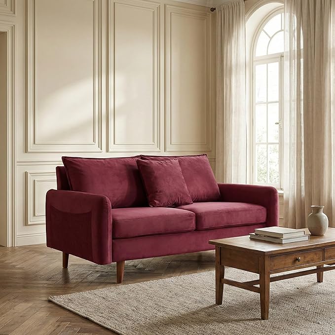 56.1 Round Arm Velvet Loveseat with Side Pockets and a Square Pillow (Burgundy) | Side Storage Pockets Pillow Included