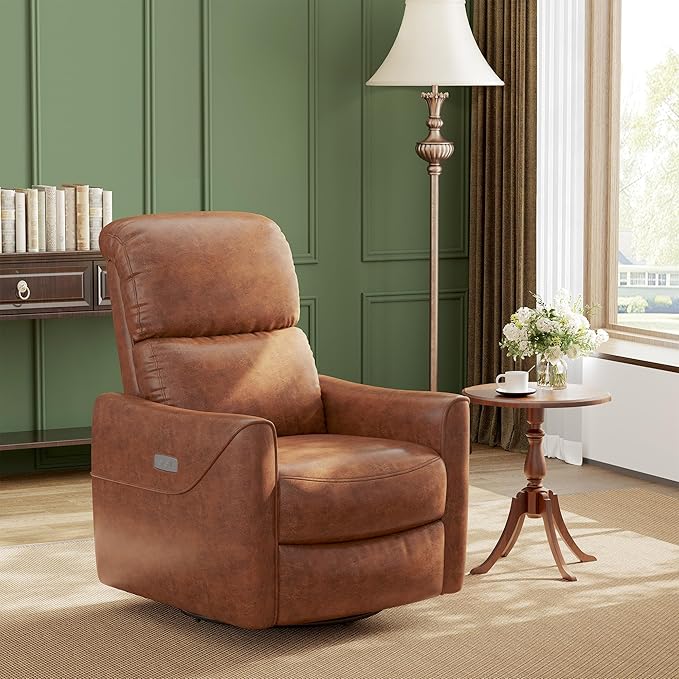 GAOMON Power Recliner Chair Swivel Glider Faux Leather Upholstered Nursery Rocker Reclining Sofa Chair with Charging Port Curved Armrests &amp Padded Backrest for Living Room and Bedroom (Camel)