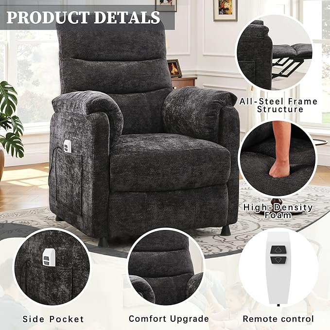 Electric Recliner Chair Power Recliner Sofa with Remote Adjustable Backrest and Side Pocket 7-Zone Support 350 LBS Soft Chenille Fabric Armchair for Living Room Bedroom Black