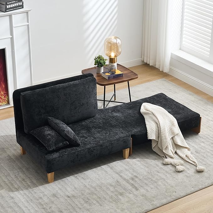 TTK 3-in-1 Foldable Sofa Bed Recliner Sleeper Mid-Century Modern Convertible Sofa Chair with 3 Pillows Space-Saving Design for Small Spaces Bedroom Study &amp Guest Room Black