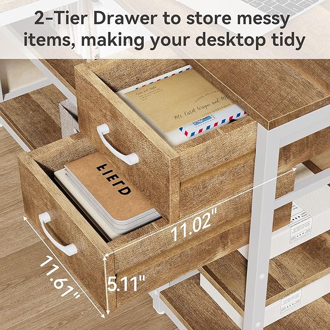 LITTLE TREE 55-Inch L-Shaped Computer Desk Reversible Computer Desk with Drawers and Storage Shelves Corner Desk Gaming Desk Work Desk for Home Office Walnut