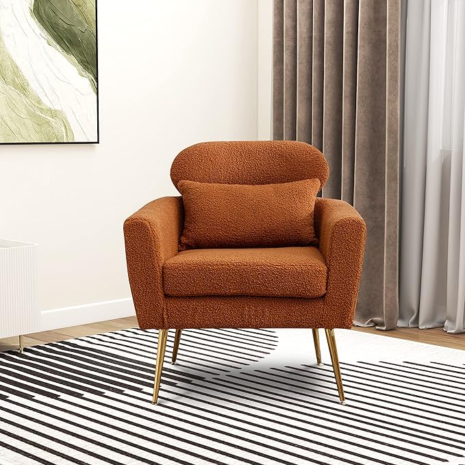 29.5 W Modern Boucle Accent Chair Armchair Upholstered Reading Chair Single Sofa Leisure Club Chair with Gold Metal Leg and Throw Pillow for Living Room Bedroom Dorm Room Office Caramel Boucle
