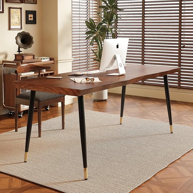 Solid Wood Desk 55 inches Home Office Computer Desk Wooden Rustic Writing Desk Metal Modern Simple Design Executive Real Wood Desk(Walnut)