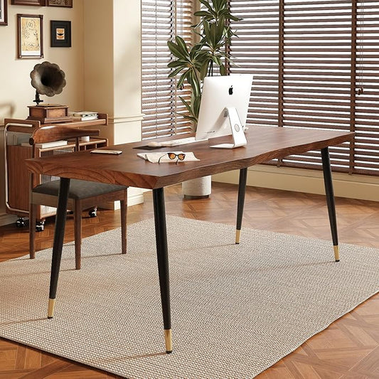 Solid Wood Desk 55 inches Home Office Computer Desk Wooden Rustic Writing Desk Metal Modern Simple Design Executive Real Wood Desk(Walnut)