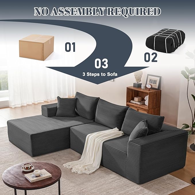 110 Inch Cloud Sectional Couch Modular Sectional Sofa with Deep Seat Boneless Sofa for Living Room Fluffy Comfy Couch with L-Shaped Chaise Grey