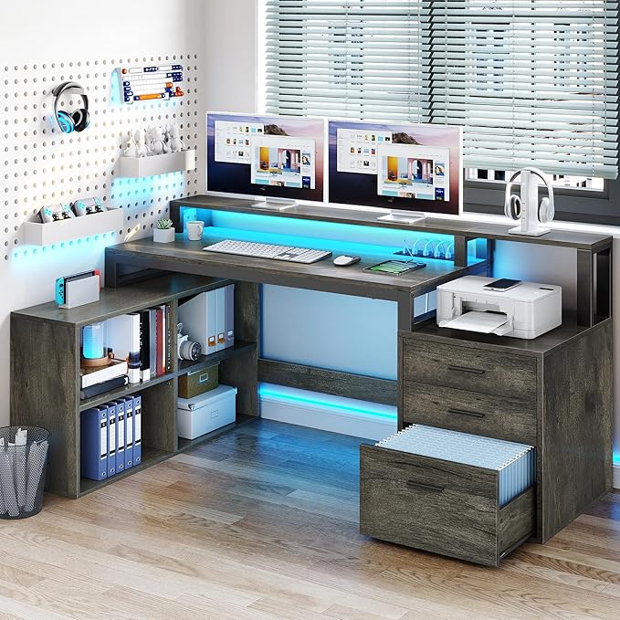 YITAHOME L Shaped Desk with 3 Drawers 65 Corner Computer Desk with Power Outlets &amp LED Lights L-Shaped Desk with File Cabinet &amp Printer Stand for Home Office Grey
