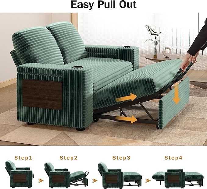 Vipbear 65 Loveseat Sleeper Sofa with Pull Out Bed Plush Corduroy 3-in-1 Convertible Sofa Bed with Reclining Backrest|USB Ports|Cup Holders|Side Table|Storage Armrests Tool Free Assembly Green