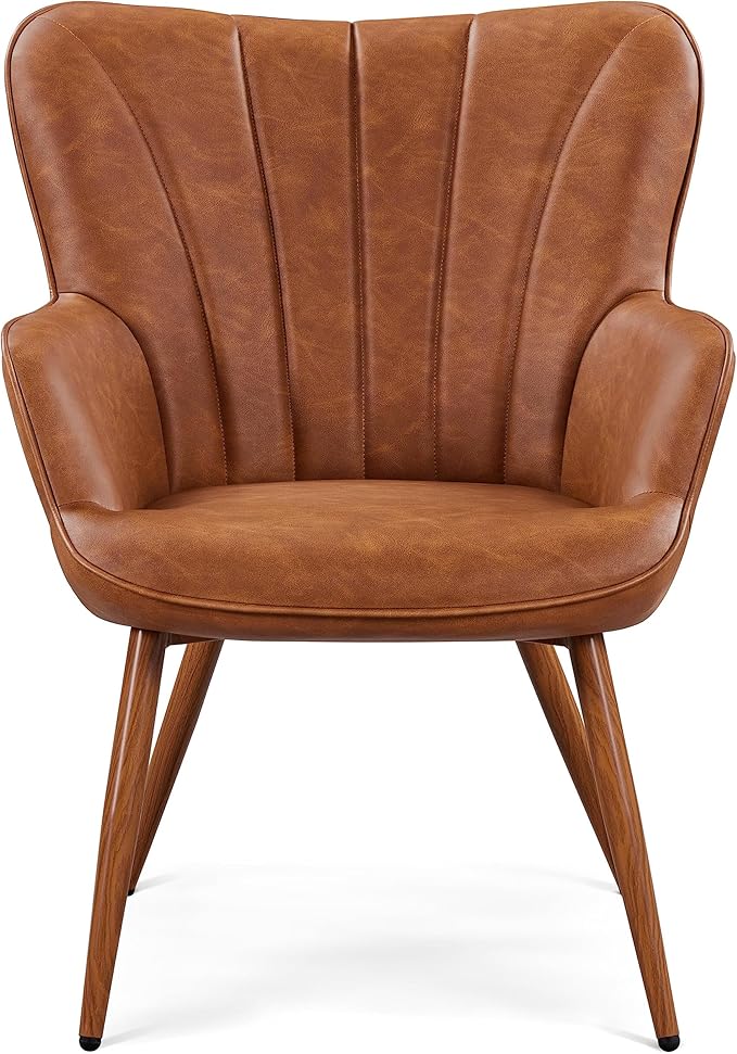 Topeakmart Faux Leather Accent Chair Modern Armchair with Sturdy Metal Legs for Living Room Bedroom Brown