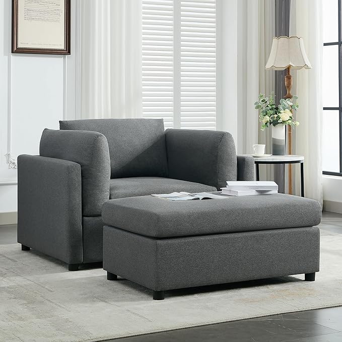 Modern Chenille Oversized Armchair with Ottoman 50.4 Wide Accent Chair Luxurious Linen Fabric Single Sofa Chair with Pillows and Wide Armrests Living Room Apartment Offices (Dark Grey-50.4'')