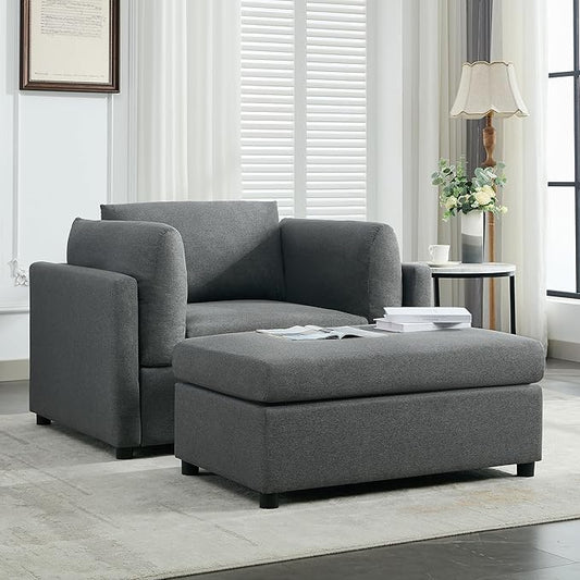 Modern Chenille Oversized Armchair with Ottoman 50.4 Wide Accent Chair Luxurious Linen Fabric Single Sofa Chair with Pillows and Wide Armrests Living Room Apartment Offices (Dark Grey-50.4'')