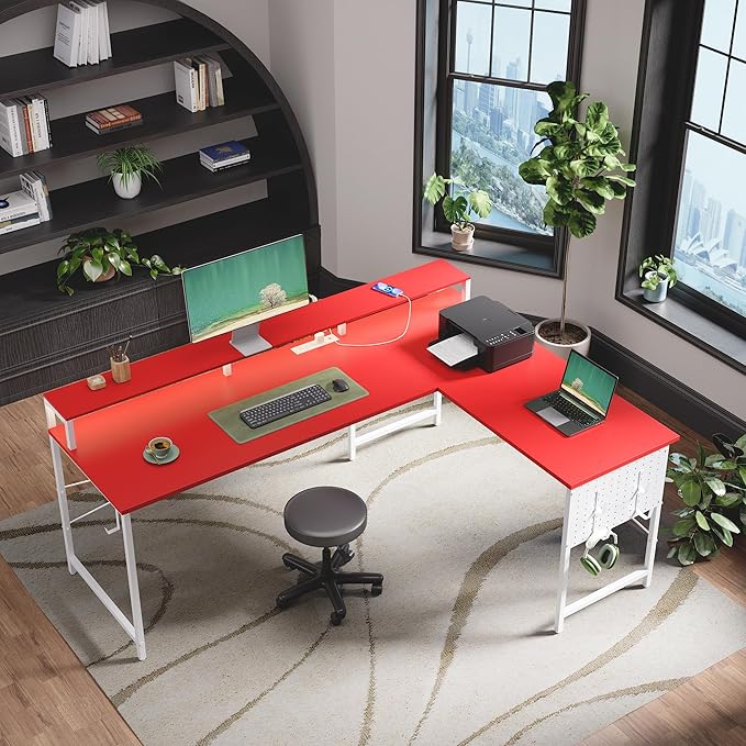 Pamray 64 Inch L Shaped Gaming Desk with Power Outlets and Led Lights Large Corner Computer Desk with Monitor Stand and Pegboard PC Table for Home Office and Bedroom Red