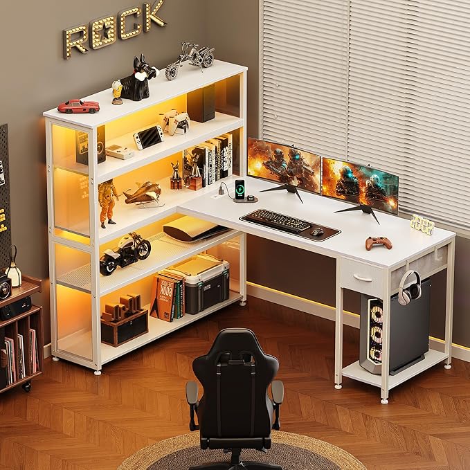 PRAISUN 57 Inch L Shaped Gaming Computer Desk with Larger Open Cabinet Reverisble Office Desk with Power Outlets LED Lights Work Desk Fabric Drawer Adjustable Wood and Mesh Shelf White
