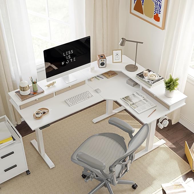 FEZIBO 63 Triple Motor L Shaped Standing Desk with 3 Drawers 330LBS Electric Standing Gaming Office Desk L Shape Pure White