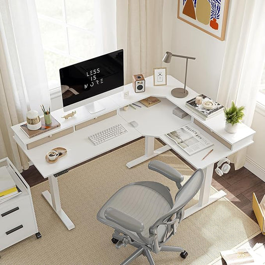FEZIBO 63 Triple Motor L Shaped Standing Desk with 3 Drawers 330LBS Electric Standing Gaming Office Desk L Shape Pure White
