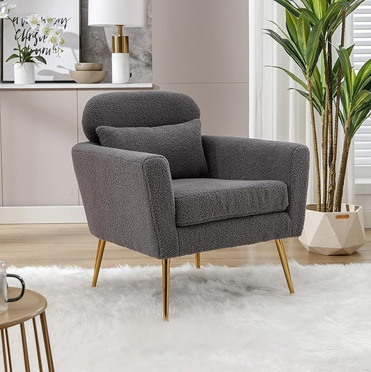 29.5 W Modern Boucle Accent Chair Armchair Upholstered Reading Chair Single Sofa Leisure Club Chair with Gold Metal Leg and Throw Pillow for Living Room Bedroom Dorm Room Office Gray Boucle