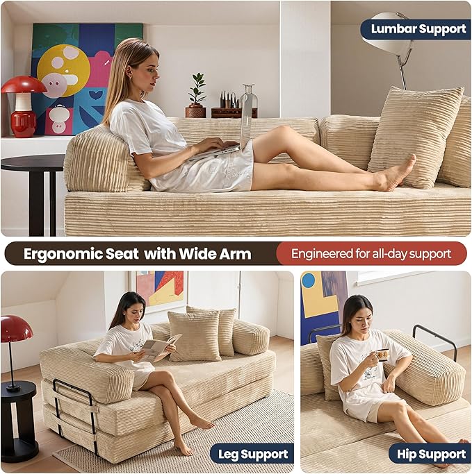 4-in-1 Folding Convertible Sofa Bed 81 Boneless Couch with Pillow Back Support Armrest Corduroy Loveseat Sleeper Compression Couch Floor Sofas Futon for Living RoomBeige