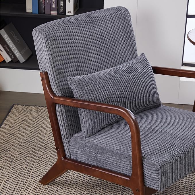 Mid-Century Modern Accent Chair with Throw Pillow Upholstered Fabric Armchair Solid Wood Frame Reading Chair for Living RoomBedroomReadingBalcony (Dark Grey &amp Walnut)