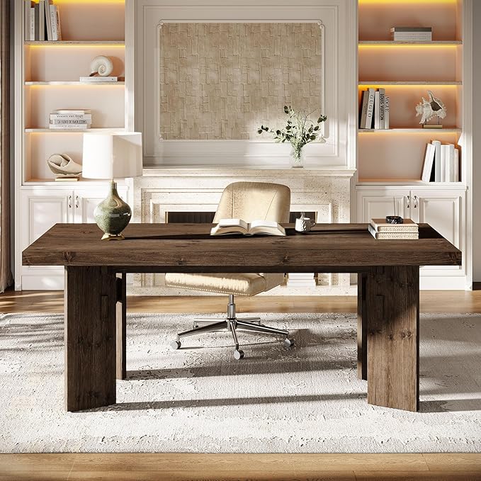 63-Inch Executive Desk Solid Wood Home Office Computer Desk with Heavy Duty Legs Modern Simple Study Writing Table for Office Conference Room Rustic Brown