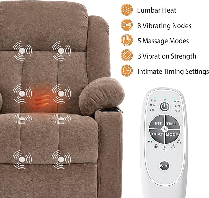 Power Lift Recliner Chair for Elderly with Massage and Heat Reclining Sofa Chair with USB &amp Type-C Ports and Cup Holders L1288(Brown)