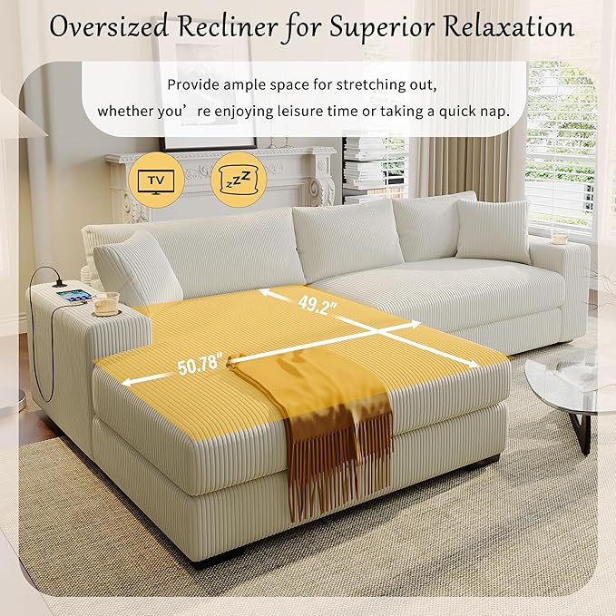 Ball &amp Cast Oversized L-Shaped Sectional Sofa with ChaiseLarge Comfy Upholstered Couch W/Thick CushionBuilt-in Cup Holders &amp Charging PortsWide &amp Thick Armrests &amp Seat Designfor Li
