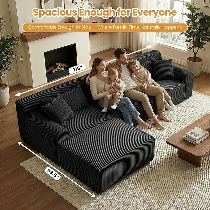 Oversize Boneless Couch for Living Room Comfort L Shaped Cloud Couch Sectional with Deep Seat and Movable OttomanModular Sectional Sofa with 5 PillowsNo Assembly RequiredBlack