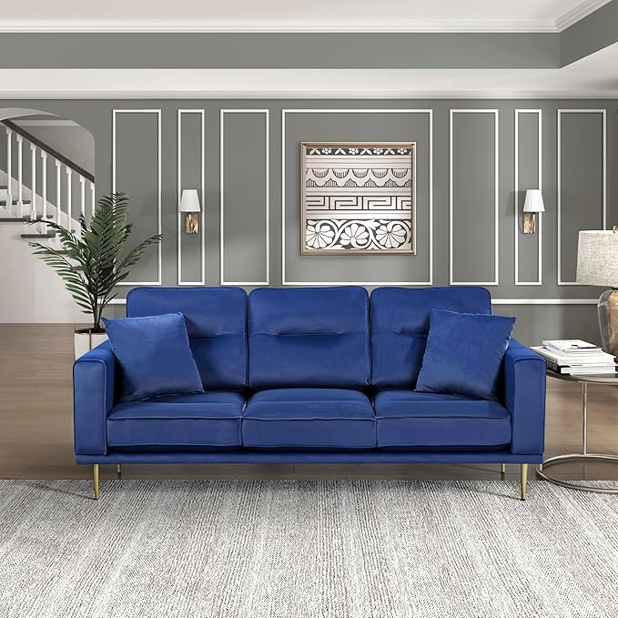 Lexicon Velvet Sofa Couch Modern Couches Metal Seat Base Metal Legs with Gold-Tone Finish 82 inch Sofa with 2 Throw Pillows 3 Seater Couches for Living Room Bedroom Apartment Blue