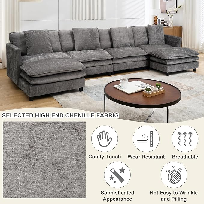 108’’ Modular Sectional Sofa with Sleeper Comfy Cloud Couch L Shaped Chenille Couch with Thick Cushions &amp Movable Ottoman for Living Room Bedroom (Grey 143.31- U Shape Sofa)