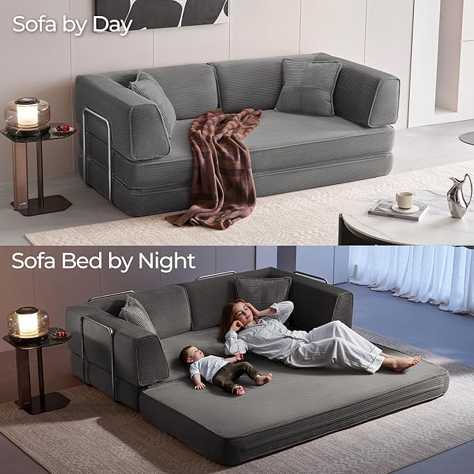 LINSY HOME Sofa Bed Couch - Convertible Boneless Couch Bed with 2 Pillow (Grey) | Folding Sofa Bed Corduroy Material No Assembly Compressed Sofa Couch in a Box