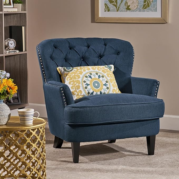 Merax Modern Accent Chair Upholstered Living Room Armchair Comfy Reading Chair Mid Century Chair for Living Room Bedroom Navy Blue