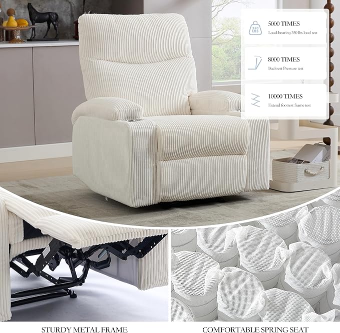 Manual Recliner Chair with Pull Ring 3 Position 140° Reclining Sofa for Living Room Nursery RV and OfficeOversized Recliner Chairs for Adults(White Corduroy Fabric)