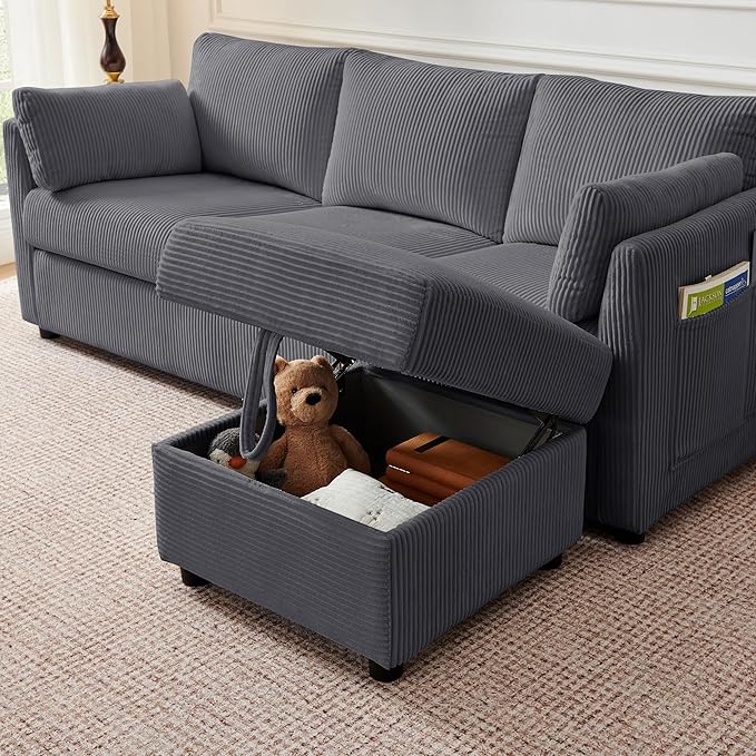 Corduroy Storage Ottoman for Living Room Sofas Couches Square Ottoman with Storage Space Foot Rest Stool for Apartment Dorm Entryway Grey