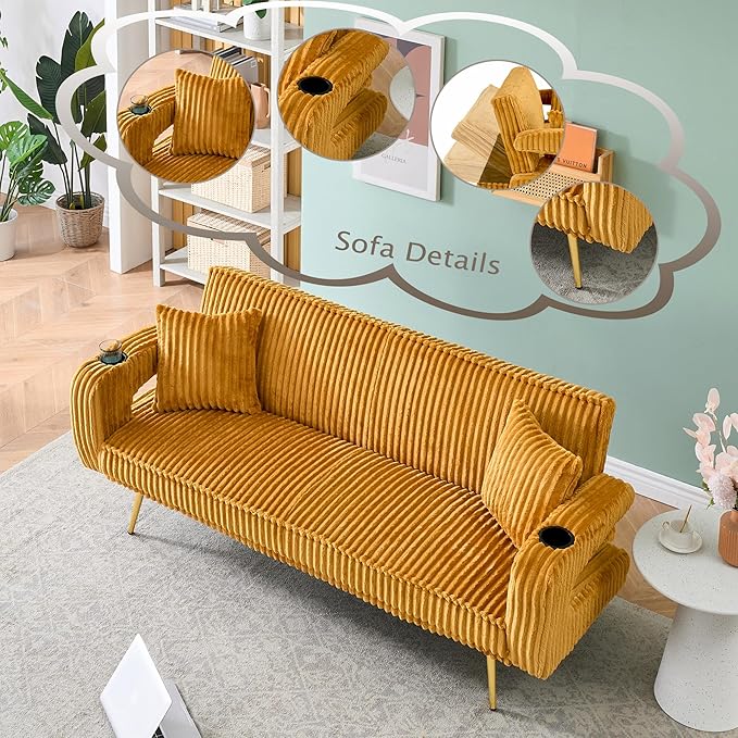 73 Convertible Futon Sofa BedModern Corduroy Sleeper Couch with 3 Reclining BackrestsGolden Chrome LegsComfy Cloud Sofa Loveseat for Small Living Room Bedroom Office (Yellow)