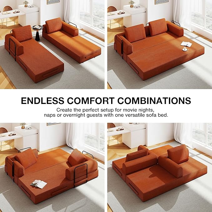 Convertible Sofa Bed 5-in-1 Pull-Out Futon Boneless Couch for Living Room &amp Guest Room Corduroy Sleeper Sofa with Steel Support Brackets 78.7 3-Seater with 2 Pillows (Orange)