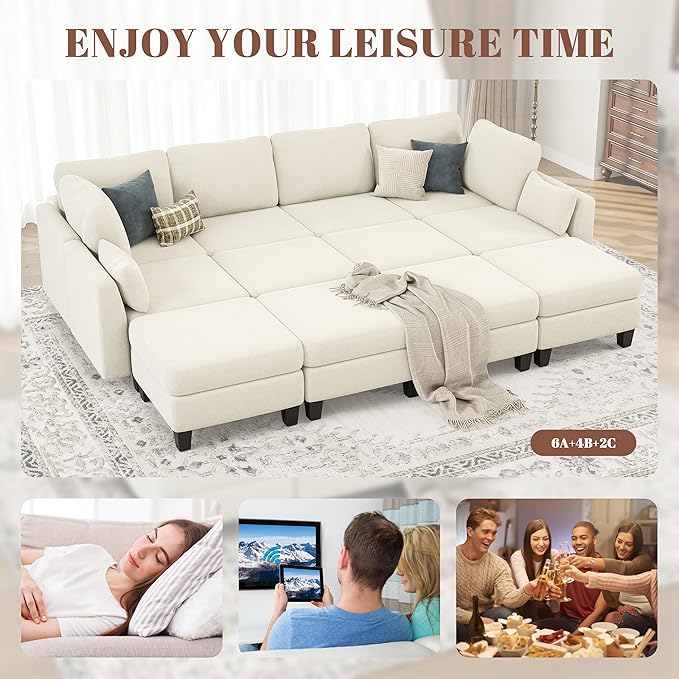 Sectional Sleeper Sofa 6 Seaters Modular Sleeper Sofa Couch Comfy Sectionals Couches Bed Convertible Sofas with Ottomans Modular Sectional Couches for Living Room Beige
