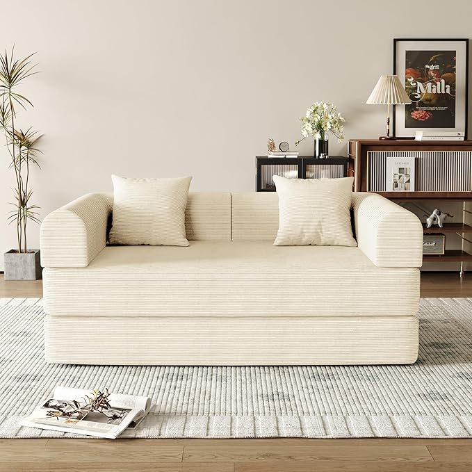 59'' Convertible Compressed Corduroy Folding Cloud Sofa Bed Modern Boneless Pull Out Loveseat Sleeper in a Box 4 in 1 Floor Mattress Futon Cloud Couch No Assembly Needed Beige 2 Pillows Queen