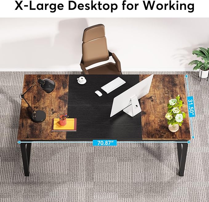 LITTLE TREE 70.8 Inch X-Large Executive Computer Office Desk Brown+Black