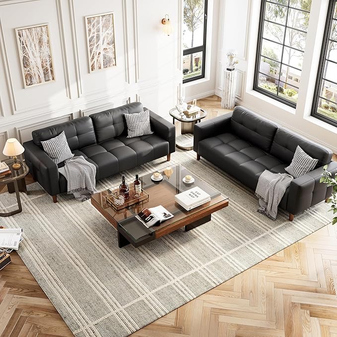 IDEALHOUSE 3-Seater Sofa Couch 83 Wide Faux Leather Sofa Couch with Spring Cushion Sofa with Deep Seats and 2 Removable Back Cushions Black