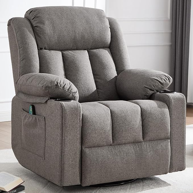 Rocker Swivel Recliner Chair for Adults Overstuffed Large Manual Recliner Glider with Massage and Heat Comfy Soft Fabric Living Room Reclining Sofa Chair (Smoked Gray)