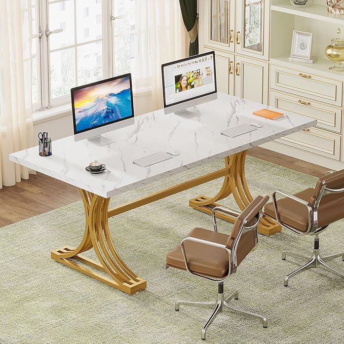 Tribesigns 63 White Gold Desk Modern Office Desks with Faux Marble Tabletop Large Modern Executive Desk Computer Desk with Trestle Legs