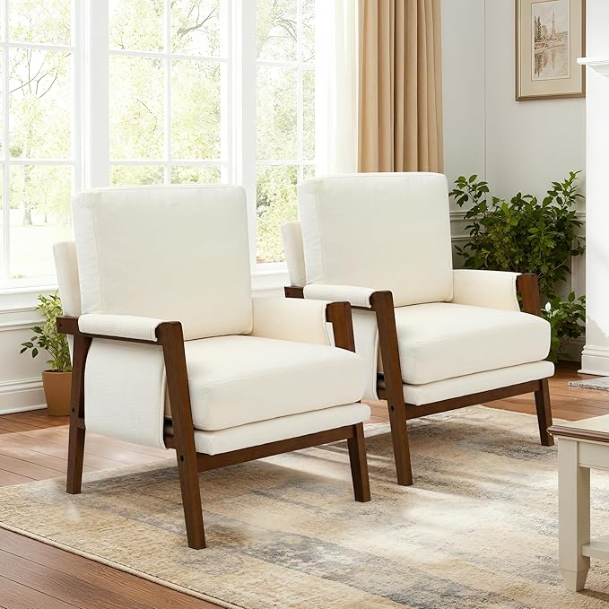 Accent Chairs for Living Room Set of 2 Modern Arm Chairs for Bedroom Wooden Upholstered Mid Century Accent Chairs Cream White