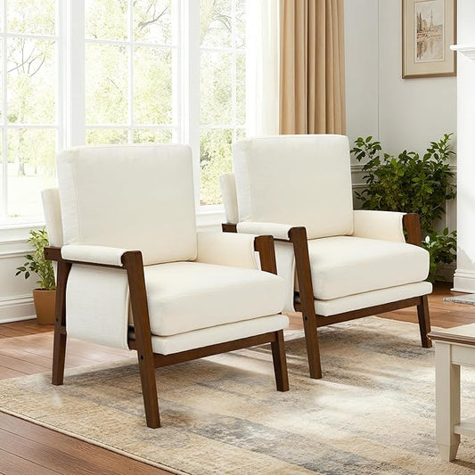 Accent Chairs for Living Room Set of 2 Modern Arm Chairs for Bedroom Wooden Upholstered Mid Century Accent Chairs Cream White