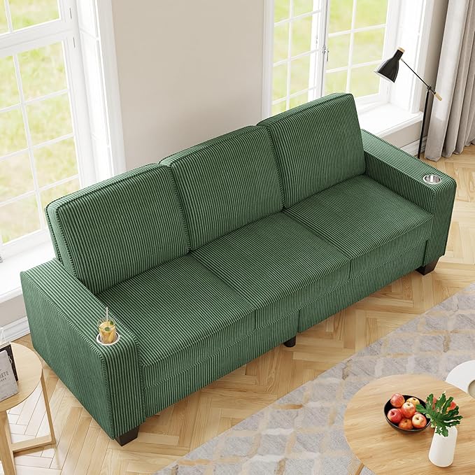 83.86 Corduroy 3-Seater Sofa with Extra Deep Seat Modern Cloud Couch with 2 Cup Holders Comfy Upholstered Sofa for Living Room Apartment &amp Office Green